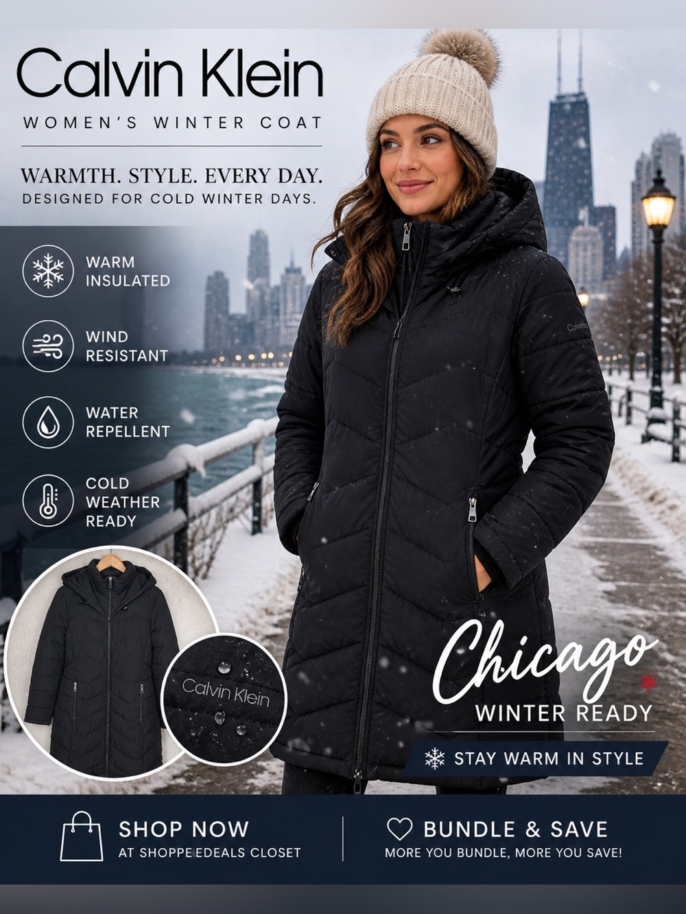 Calvin Klein Black Hooded Puffer Coat Jacket Medium